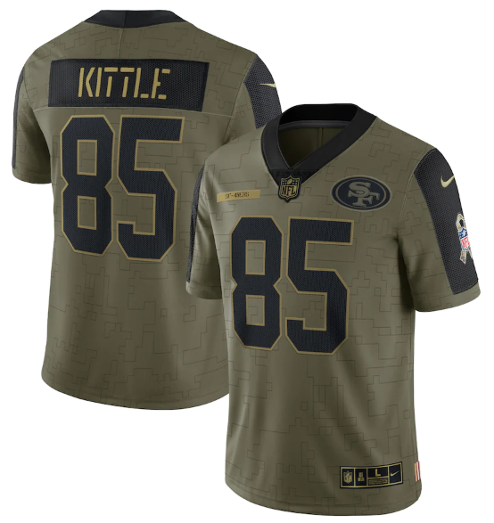 Men's San Francisco 49ers #85 George Kittle 2021 Olive Camo Salute To Service Limited Stitched Jersey
